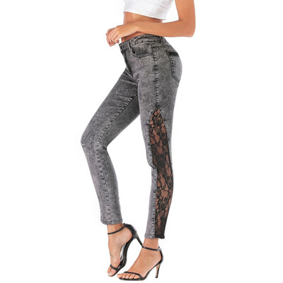 

Tailored Fashion Women Lace Splice Button Zipper Pocket Trousers Jeans Casual Denim Pants