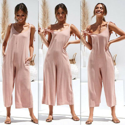 

Womens Sleeveless Solid Jumpsuit Romper Casual Clubwear Wide Leg Pants Outfits