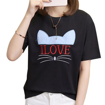 

Summer Cute Cat Embroidered Simple All Match Short Sleeve Female T-shirts  L XL XXL