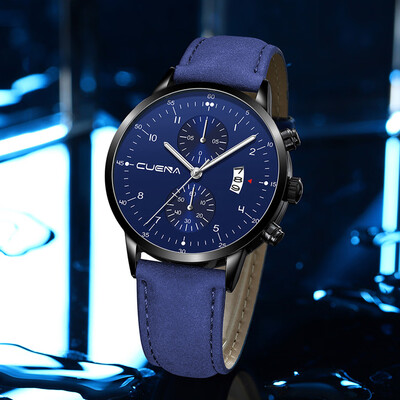 

Gobestart CUENA Mens Business Leath Belt Watch Three Eyes Six-Piece Calendar Quartz Watch