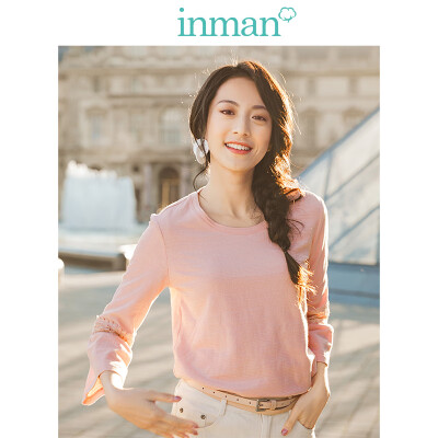 

INMAN 2019 spring new style literary hollow lace seven points trumpet sleeve round neck T-shirt female 1891023023 shrimp red S