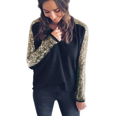 

Women T-Shirt Long Sleeve V-Neck Sequin Decor Stitching Autumn Fashion Tops