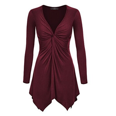 

Autumn Women Sexy Solid Color V-Neck Plus Size Pleated Long-Sleeved Irregular Hem T-Shirt