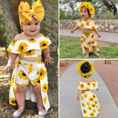 

USA Toddler Kids Baby Girl Sunflower Tops Shorts Dress Headband Outfits Sunsuit