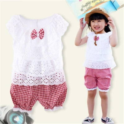 

2Pcs Baby Kids Girls Ruffle Bowknot T-shirt Plaid Shorts Clothing Sets Toddler Outfit 1-4T