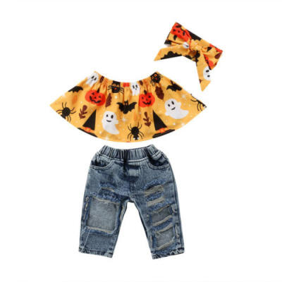 

Kids Baby Girl Ruffle Tee Tops Ripped Jeans Denim PantsHeadband 3pcs Outfits