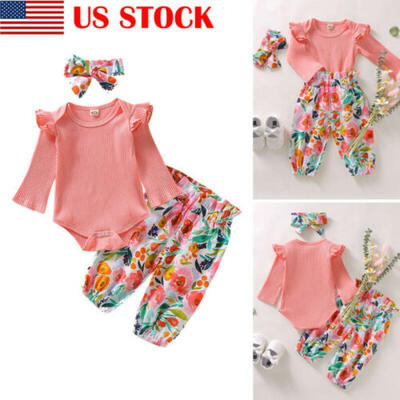 

US 3pcs Toddler Kids Baby Girls Clothes Outfits Ruffle Tops Floral Pants Set