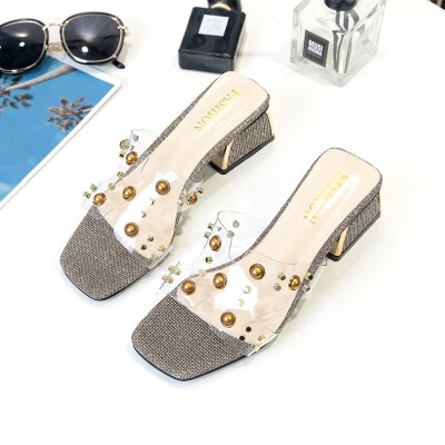 

Crystal clear slippers women outside the summer with the style of fashionable round-bead decorative square-head sandal women