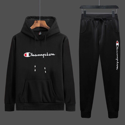 

Champion long sleeves men outdoor sportswear suits hoodie sweatshirt jumpers sweaterpants tops with hat running sets
