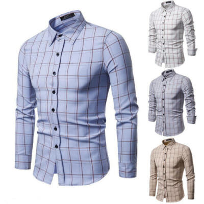 

Luxury Mens Boy Plaid Long Sleeve Shirts Formal Slim Fit Top Blouse T-Shirt Tee