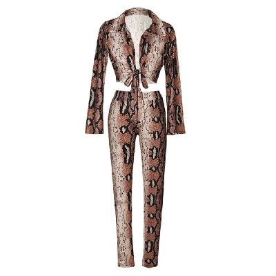 

Sexy Women Two-piece Set Snake Print Crop Top Deep V Neck Bandage Long Sleeve Long Pants Slim Bodycon Suits Khaki