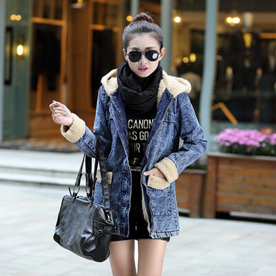 

Toponeto Women Long Sleeve Denim Hooded Outcoat Wind Warm Jean Outwear With Pockets