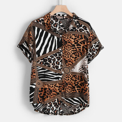 

Tailored Mens Summer Fashion Lapel Panel Striped Leopard Print Short Sleeve Shirt Top