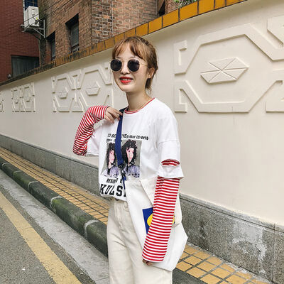 

Women Fake Two Pieces Slim Round Collar Summer Print Loose T-Shirt