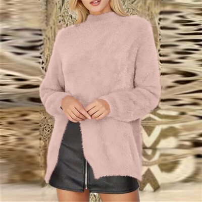 

Women Casual Split Sweater Fluffy Half High Collar Warm Long Sleeve Knitwear