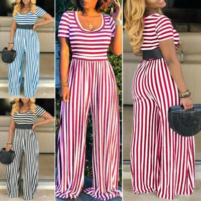 

USA Women Casual Loose Jumpsuit Fashion Striped Wide Leg Long Playsuit Trousers
