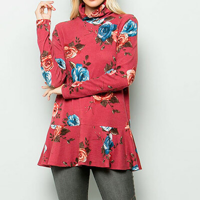 

Tailored Women Fashion Casual Floral Printing Turtleneck Long Sleeve T-Shirt Blouse