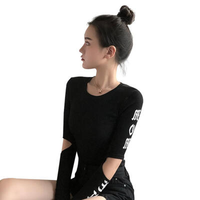 

Women T-Shirt Tight-Fit Hole Sleeve Printing Spring Autumn Retro Crop Tops