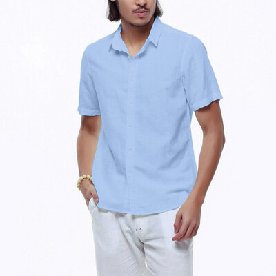 

Toponeto Mens Baggy Cotton Linen Solid Short Sleeve Button Retro T Shirts Tops Blouses