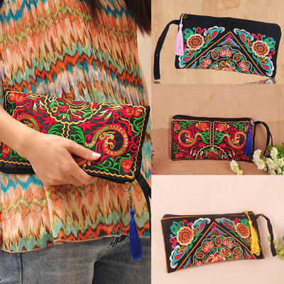 

New Fashion Women Clutch Bag Embroidery Contrast Wrist Strap Elegant Mobile Phone Bag