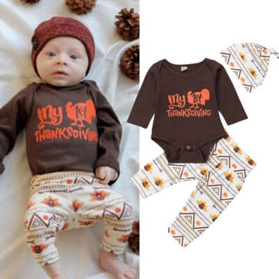 

3Pcs Thanksgiving Newborn Baby Boys Girls Tops Rompers Pants Hat Outfits Clothes