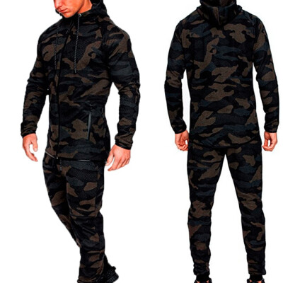 

Mens Running Zip Tracksuit Camo Sweatshirt Pants Jogging Joggers Gym Suits