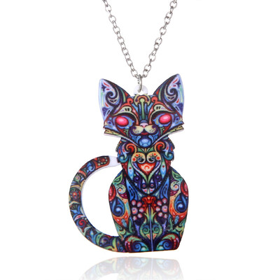 

Handmade Jewelry Colorful Double Side Acrylic Printing Flower Cat Dog Dragon Pendant Necklace For Women Costume Sweater Chain