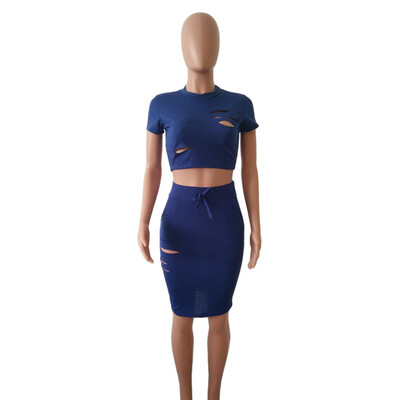 

Roseonmyhand Summer Women Hollow Short Sleeve Skirt Two Sets Sexy Casual Party Dresses