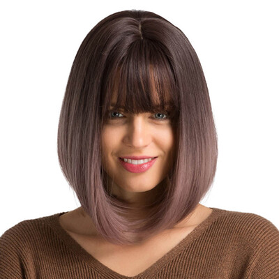 

Straight Short Bob Wigs With Bangs Natural with Highlight For Women Bob Wigs Heat Resistant Synthetic Hair Wigs