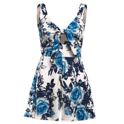 

Sexy Strap Front Bow Tie Overalls Floral Print Playsuit Women Summer Boho Wide Leg Beach Rompers Jumpsuit Backless