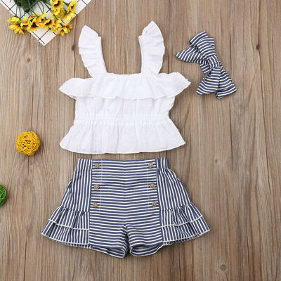 

Toddler Kid Baby Girls Tops Vest Striped Pants Shorts 3pcs Outfit Clothes Set