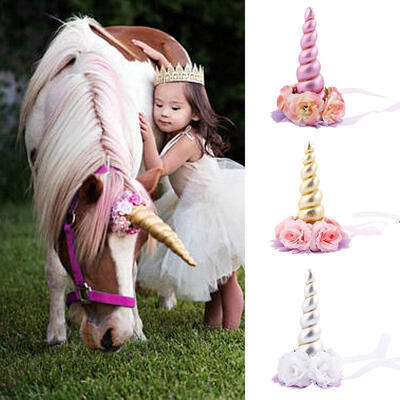 

Magical Unicorn Horn Head Party Kids Floral Hair Headband Dress Cosplay Decor