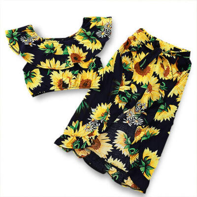 

Kids Girls Sunflower Off Shoulder Tops Shorts Skirt Summer Beach Outfits Set