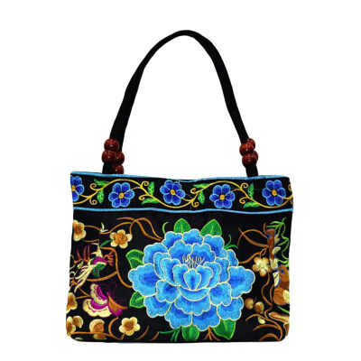 

Fashion Women Ethnic Peony Embroidery Handbag Beaded Handle Zip Canvas Tote Bag