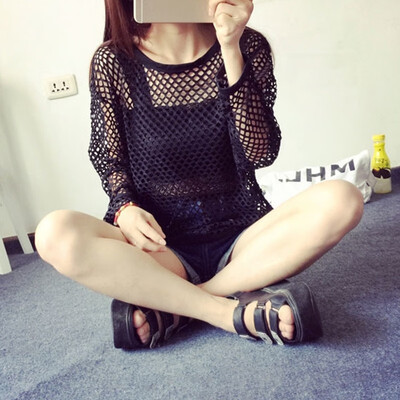 

XL See-through Mesh Tops Women Sexy Black Long Sleeves T-shirt Female Fashion Tops Tees 2017 New T Shirt