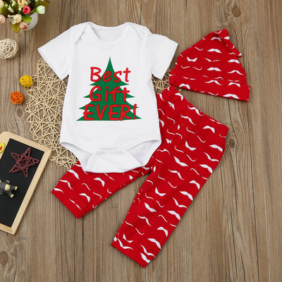 

Newborn Infant Baby Boy Girl Letter Romper TopsPants Hat Christmas Outfits Set