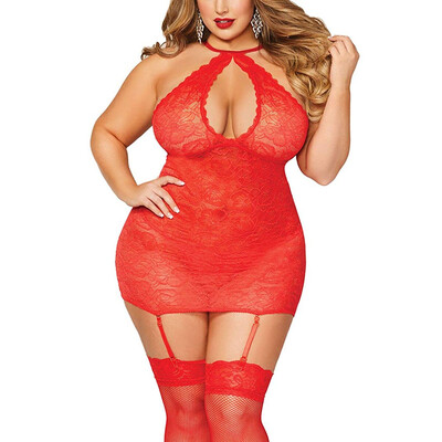 

Toponeto Women Sexy Halter Plus Size Lace Lingerie Keyhole Babydoll Chemise with Garters