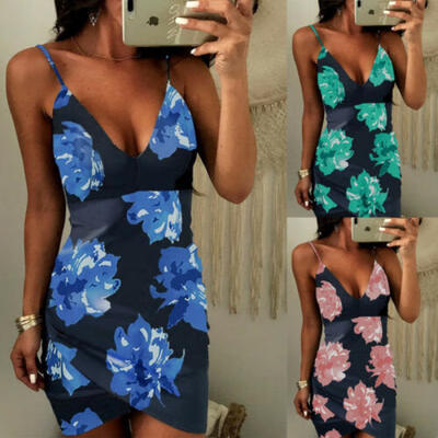 

Sexy Women Floral Printed Backless Halter Neck Sleeveless Slim Fit Bodycon Dress