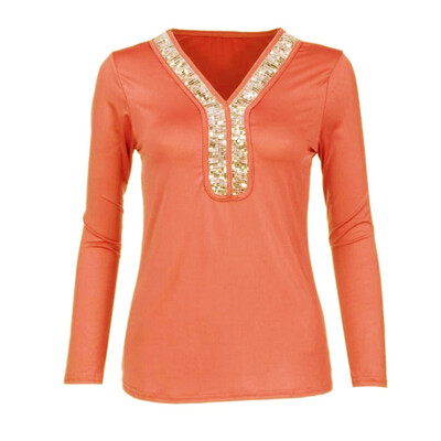 

Women Fashion Sequined Patchwork Tshirt Casual Long Sleeves V Neck Elegant Tshirt Female Autumn Winter Tops Clothing