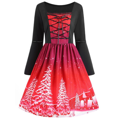

Plus Size Lace Up Christmas Tree Print Dress
