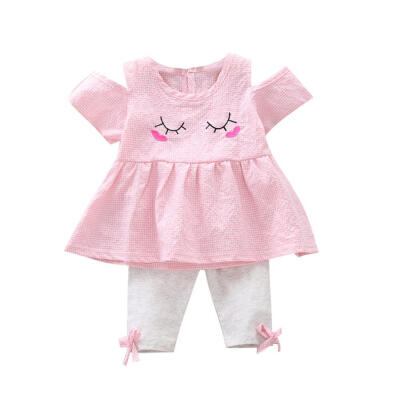 

Baby Girl Clothes Summer Baby Girls Casual Off-shoulder Short Sleeve Cartoon Print T-shirt TopsShorts Suits Costume Set