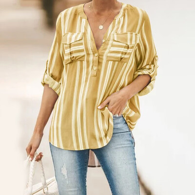 

Womens Long Sleeve Striped Shirt Button Down OL Ladies Loose Blouse Tops T-shirt