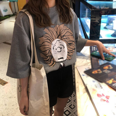 

Womens Round Neck Cartoon Character Print Short Sleeve Loose T-Shirt