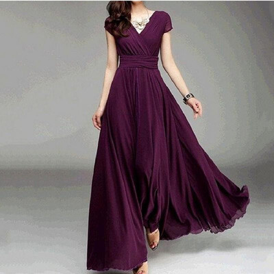 

Cross-border AliExpress Amazon Explosion V-neck Short Sleeve Bohemian Chiffon Waist Dress Plus Wine