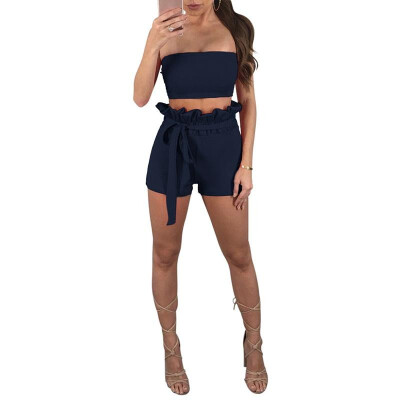 

Sexy Women Two-Piece Set Off the Shoulder Strapless Casual Solid Crop Top High Waist Short Pants Suits