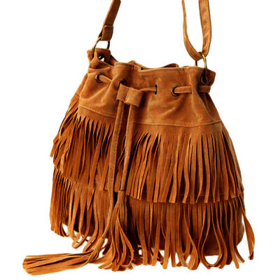 

Fashion Solid Color Women Fringe Drawstring Suede Crossbody Shoulder Bucket Bag