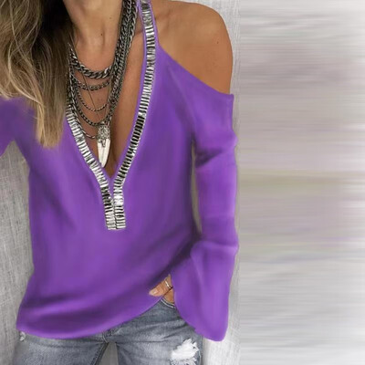 

Women Fashion Loose Casual V neck off shoulder Sequin Solid color sexy bell sleeve Autumn blouse tops