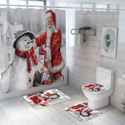 

〖Follure〗Santa Christmas Print Toilet Bathroom Mat And Shower Curtain Four-Piece Set