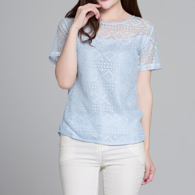 

Starmoon Women Fashion Leisure O-Neck Short Sleeve T-Shirt Tops Lace Pure Color Blouse