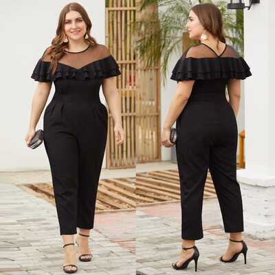 

Starmoon Womens Plus Size Mesh Stitching Ruffled Short-Sleeved Small Feet Jumpsuit